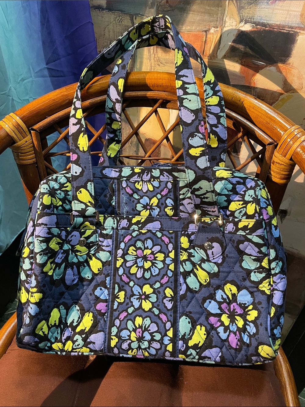 Vera Bradley Indigo PopNavy Quilted Tote with Yellow, Aqua & Purple Floral Print